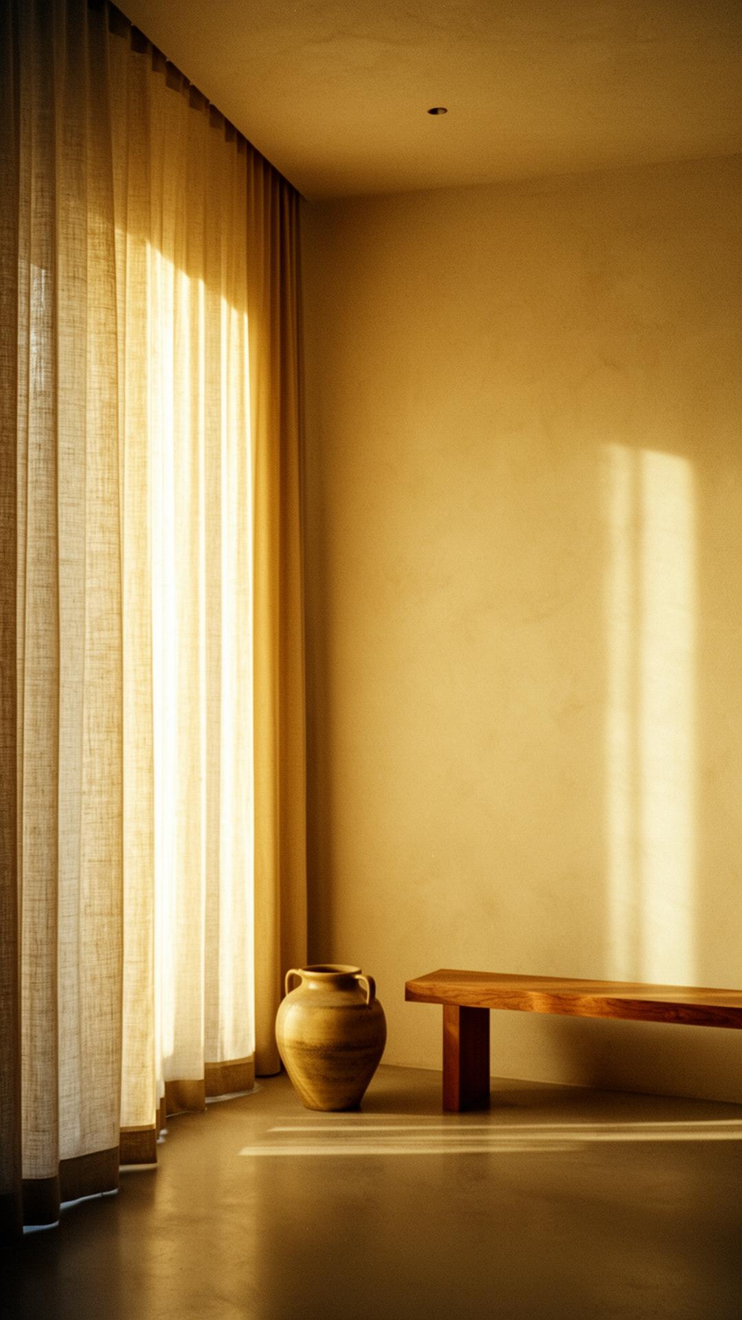 Interior con luz natural cálida y cortinas de lino.